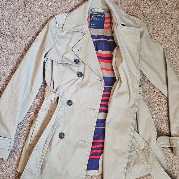 American Eagle Outfitters Trench Coat Womens Med Beige Double Breasted Belted - Picture 7 of 16